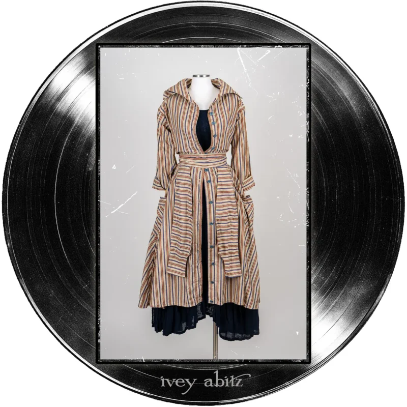 Camborne Dress in Far Beyond Forever Stripe; Pippi Frock in Blue Note Washed Crinkled Weave; Camborne Sash in Blue Note Washed Crinkled Weave.