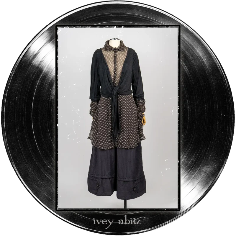 Wright Cardigan in Microphone Soft and Wispy Knit; Nan Shirt Jacket in Microphone Dotted Silk Chiffon; Baedeker Trousers in Microphone Raised Stripe Weave.