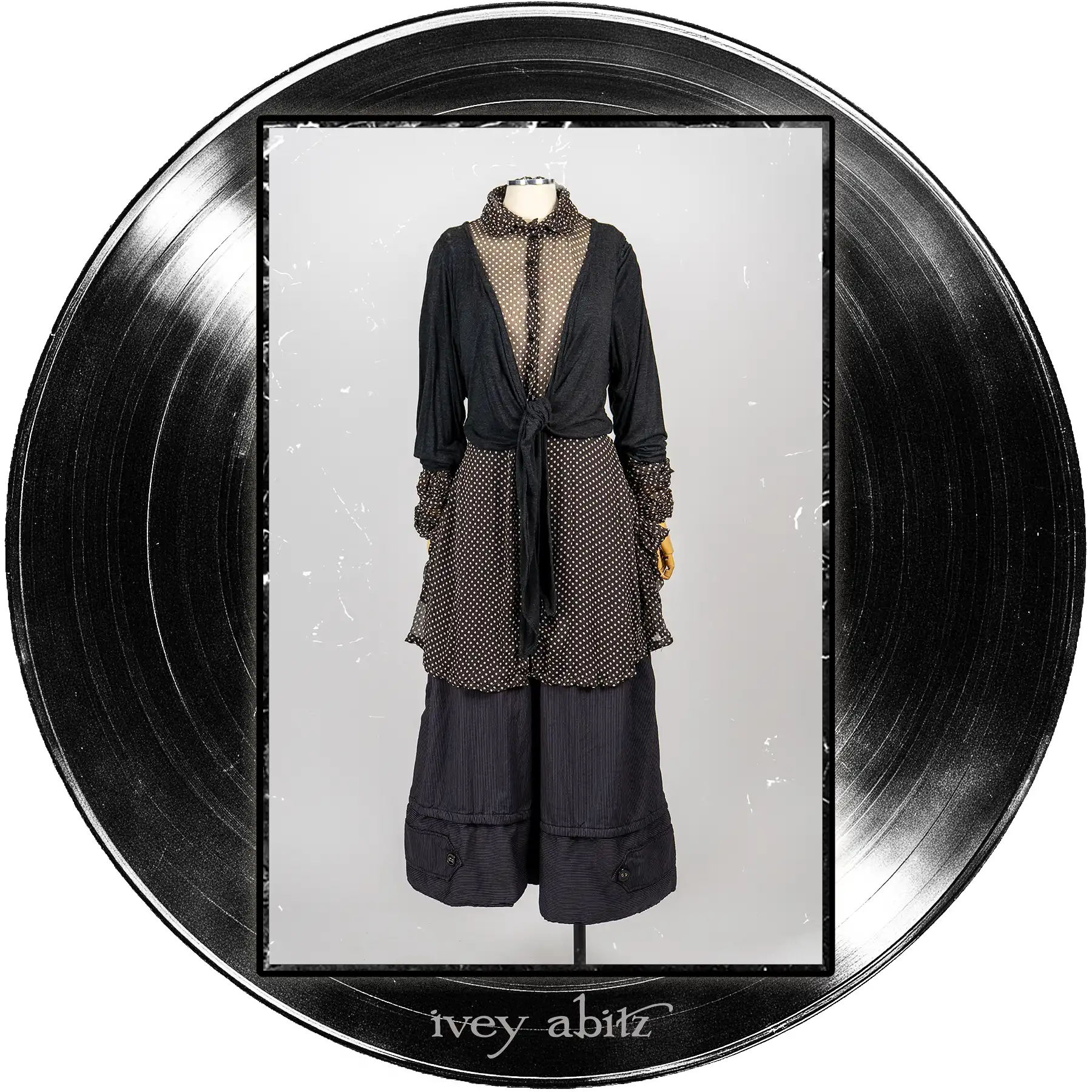 Wright Cardigan in Microphone Soft and Wispy Knit; Nan Shirt Jacket in Microphone Dotted Silk Chiffon; Baedeker Trousers in Microphone Raised Stripe Weave.