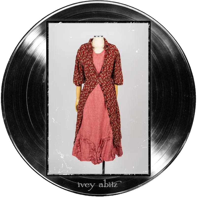 Coulson Coat Dress in Center Label Floral Silk Chiffon; Bartholdi Frock in Center Label Speaker Weave.