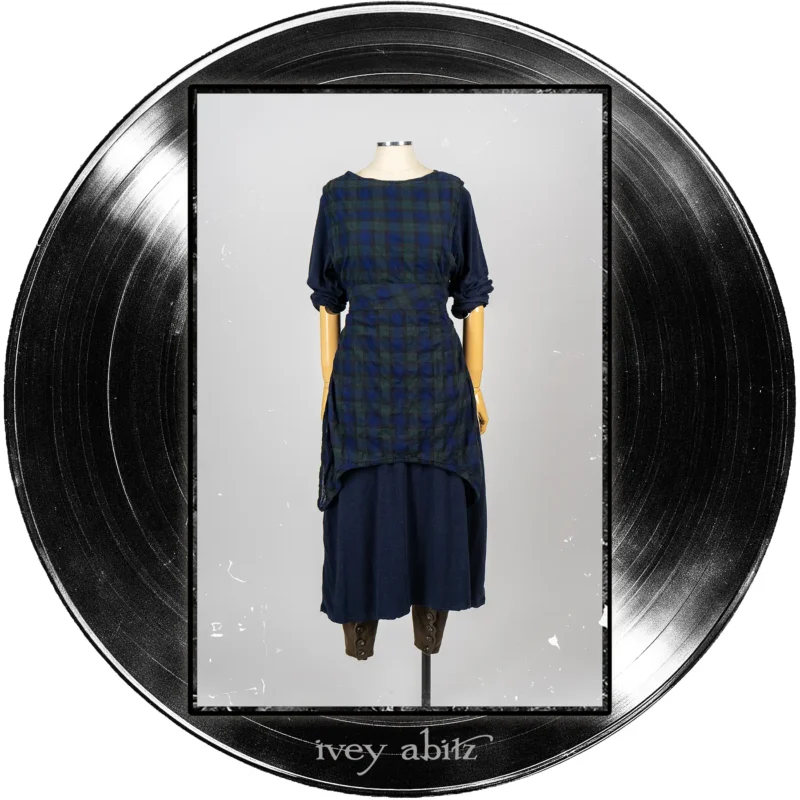 Faudray Overlay in Blue Note Plaid Voile; Elliot Dress in Blue Note Heathered Knit; Pierrepont Leggings Breeches in Major Chord Softest Ponte Knit.
