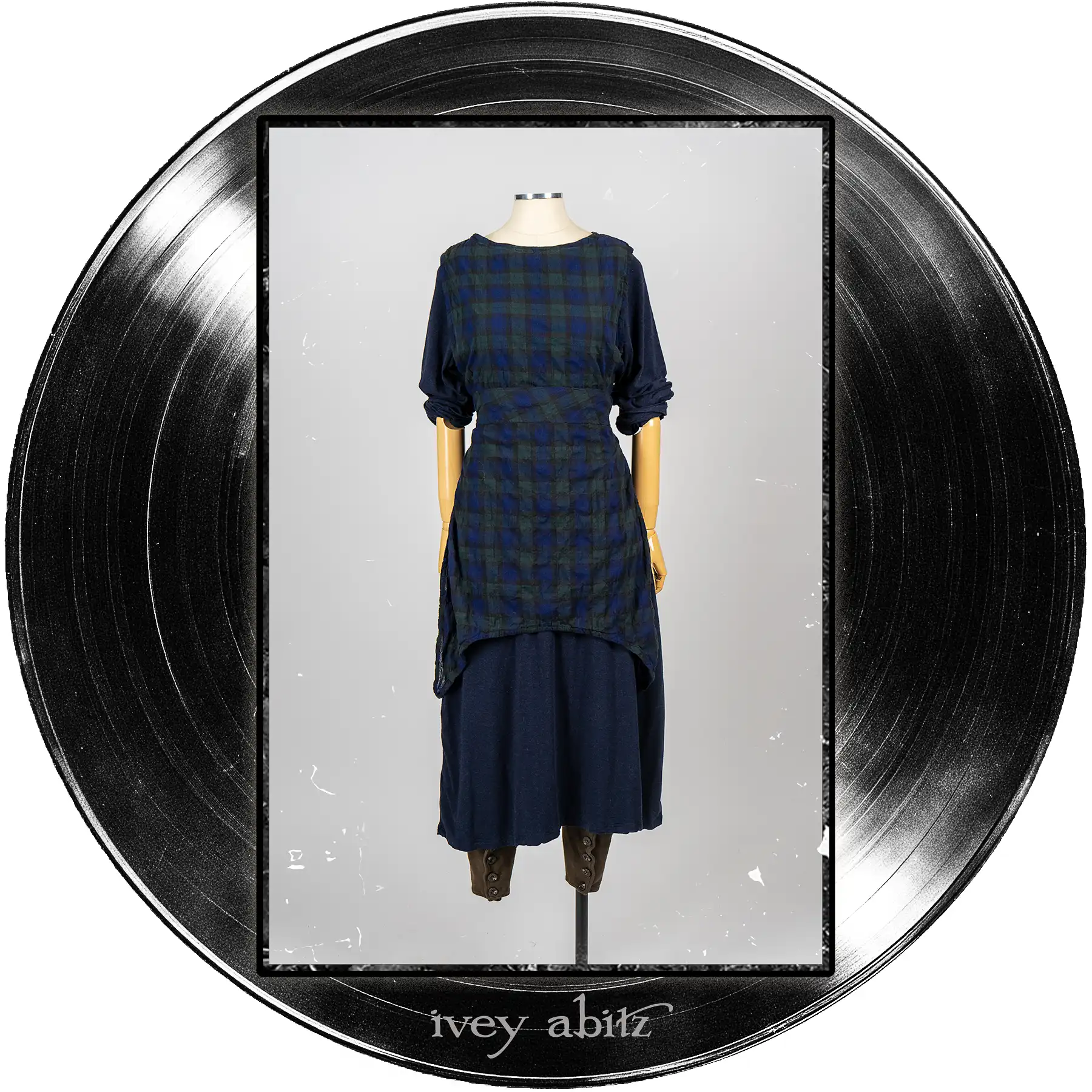 Faudray Overlay in Blue Note Plaid Voile; Elliot Dress in Blue Note Heathered Knit; Pierrepont Leggings Breeches in Major Chord Softest Ponte Knit.