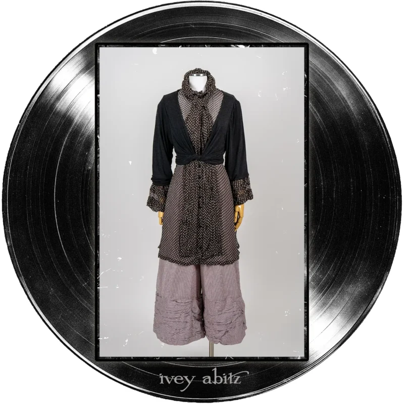 Nan Shirt Jacket in Microphone Dotted Silk Chiffon; Tollie Sash in Microphone Dotted Silk Chiffon; Wright Cardigan in Microphone Soft and Wispy Knit; Fitzgerald Trousers in Center Label and Quarter Note Raised Stripe Weave.