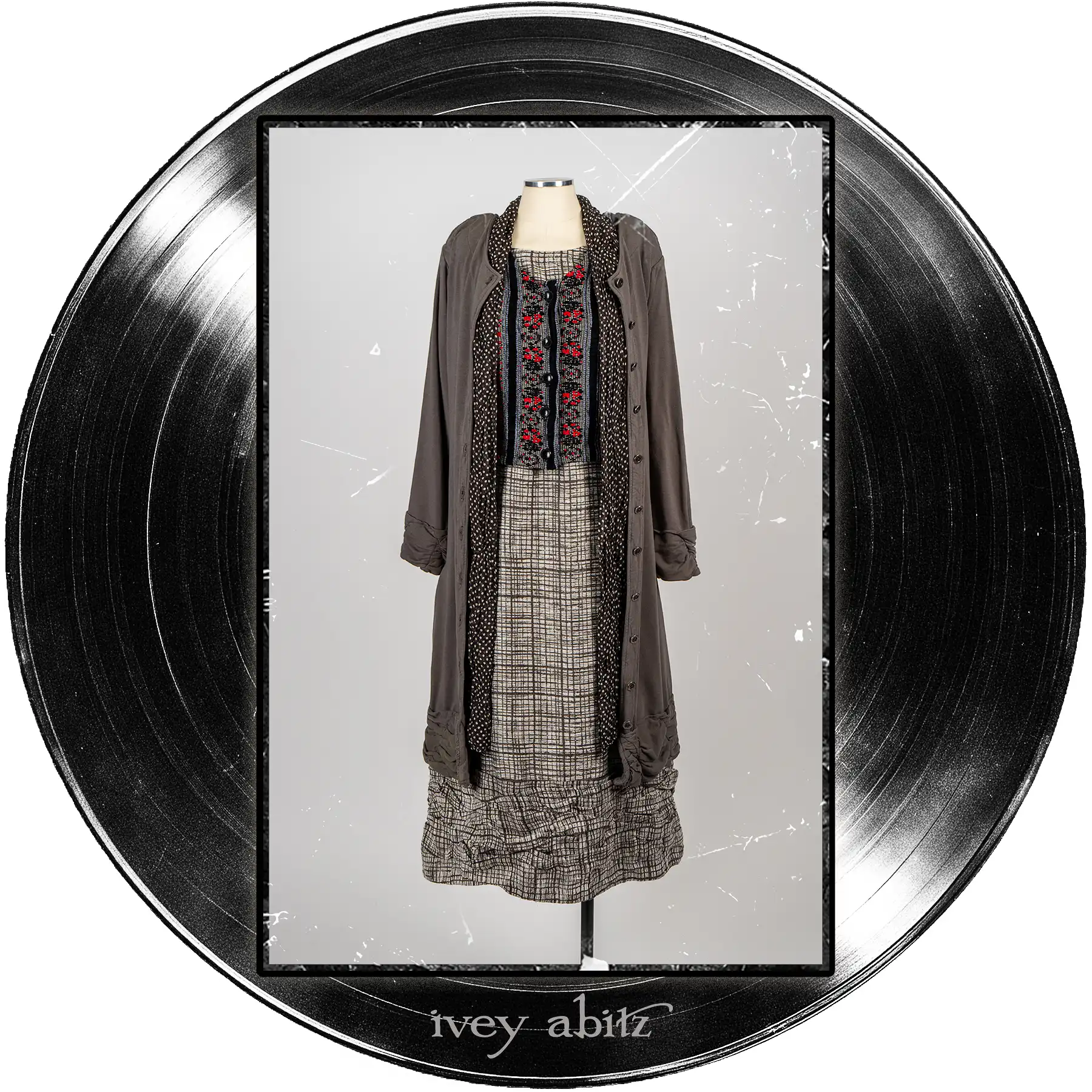 Mewland Jacket in Microphone Softest French Knit; Tollie Sash in Microphone Dotted Silk Chiffon; Ananda Vest in Center Label Floral Chenille Brocade; Fitzgerald Frock in Microphone Striated Weave.