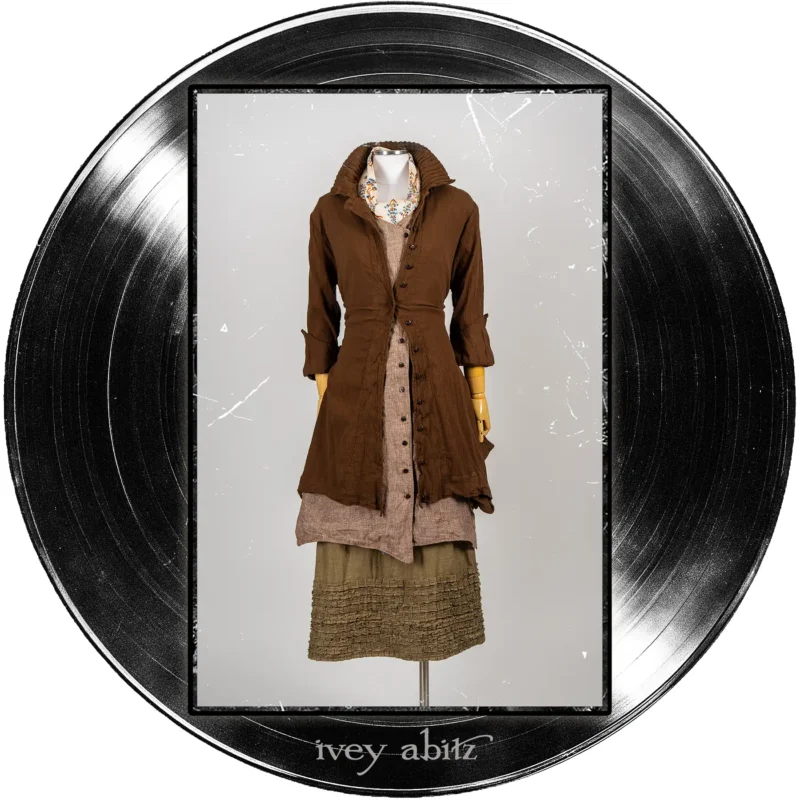 Libert&eacute; Shirt Jacket in Record Case Crinkled Weave; Ellis Frock in Record Case Speaker Weave; Cape Frock in Major Chord Washed Linen; Blanchefleur Sash in Far Beyond Forever Floral Weave.