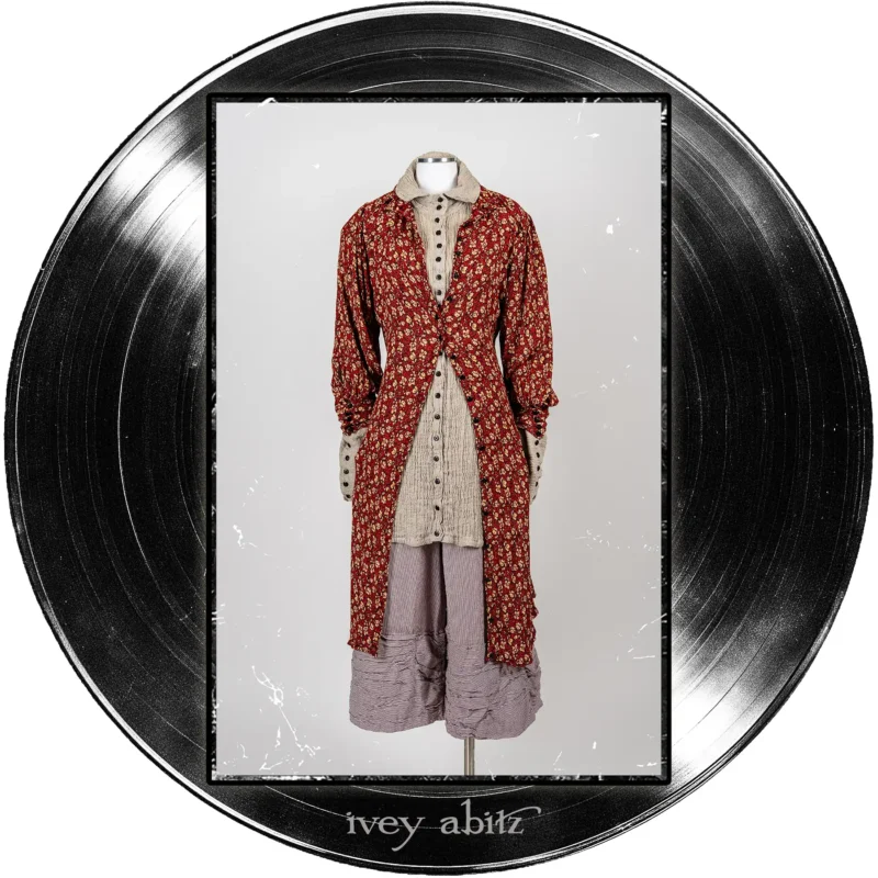 Coulson Coat Dress in Center Label Floral Silk Chiffon; Coulson Shirt in Half Note Washed Crinkled Weave; Fitzgerald Trousers in Center Label and Quarter Note Raised Stripe Weave.