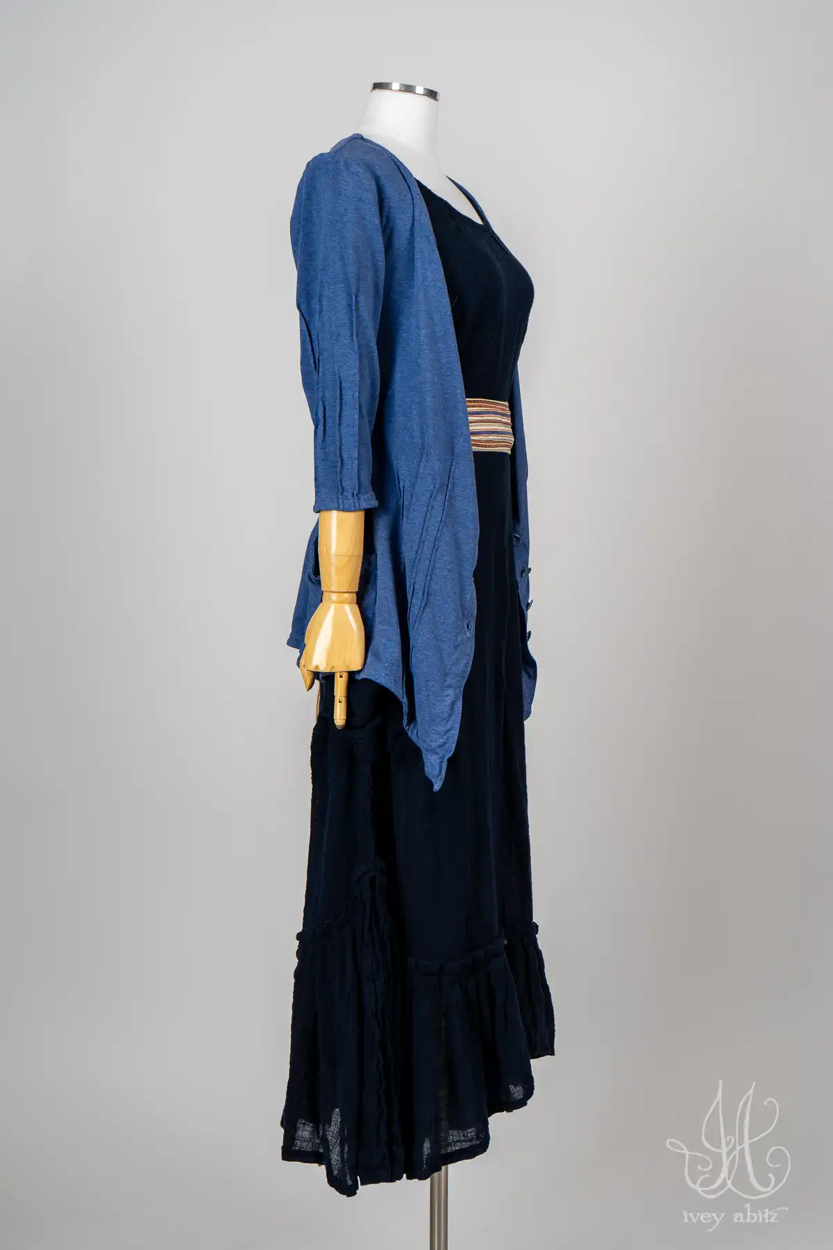Gweneviere Cardigan in Far Beyond Forever Heathered Knit; Camborne Sash in Far Beyond Forever Stripe; Pippi Frock in Blue Note Washed Crinkled Weave.