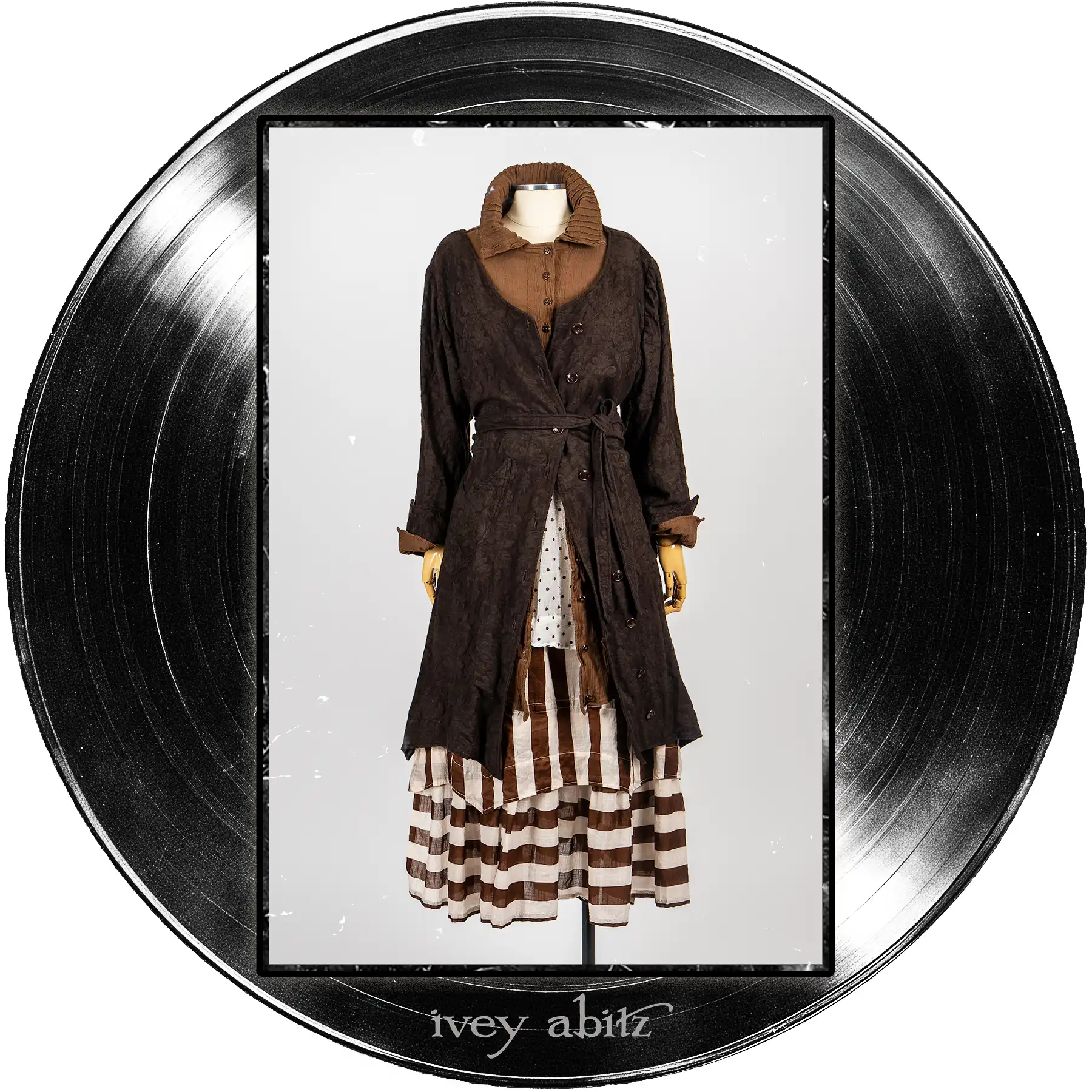 Elllis Duster Coat in Record Case Floral Brocade; Liberté Shirt Jacket in Record Case Crinkled Weave; Bedloe Frock in Record Case Embroidered Dot Silk Chiffon; Liberté Frock in Record Case Stripe Voile.
