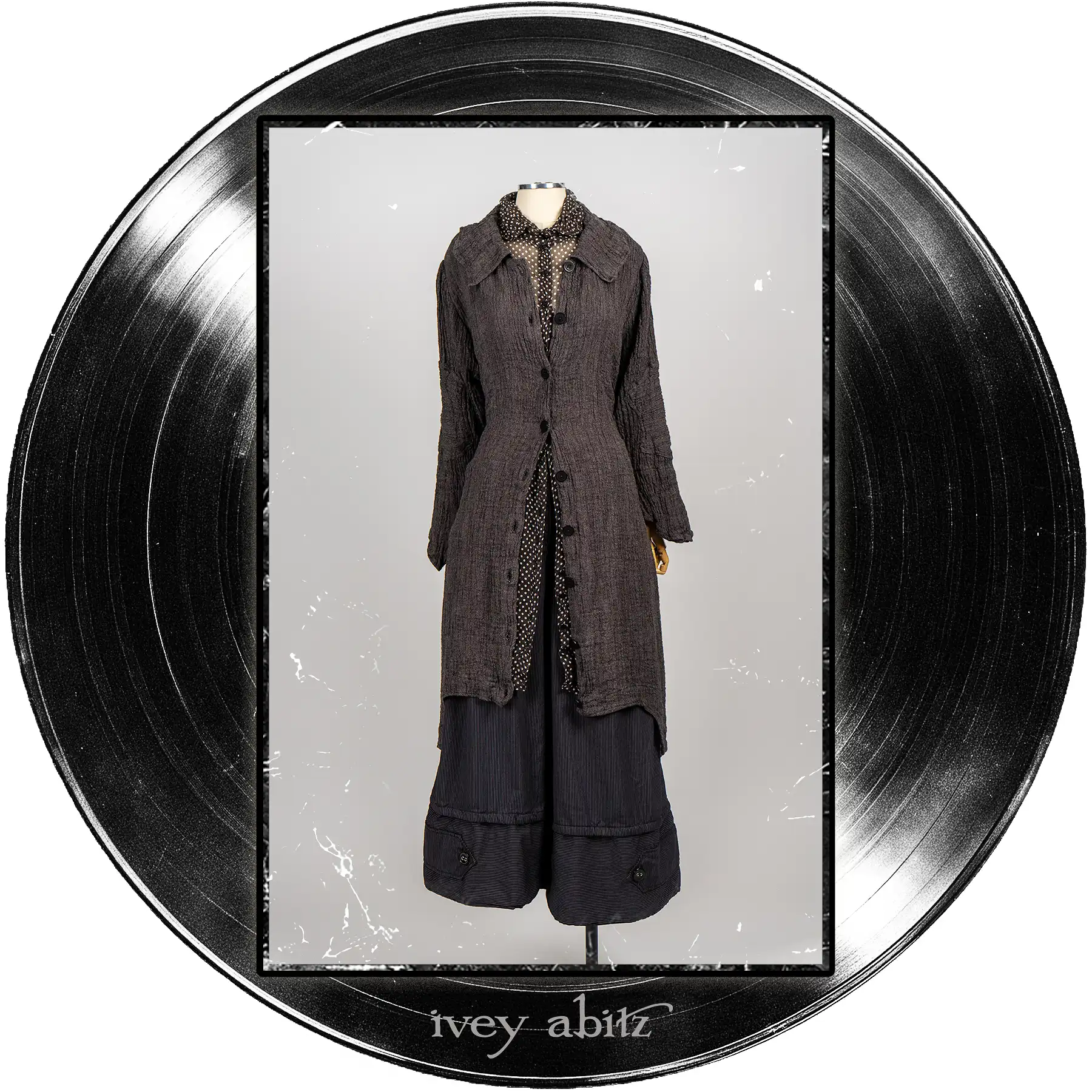 Chittister Duster Coat in Microphone and Record Case Washed Crinkled Weave; Nan Shirt Jacket in Microphone Dotted Silk Chiffon; Baedeker Trousers in Microphone Raised Stripe Weave.