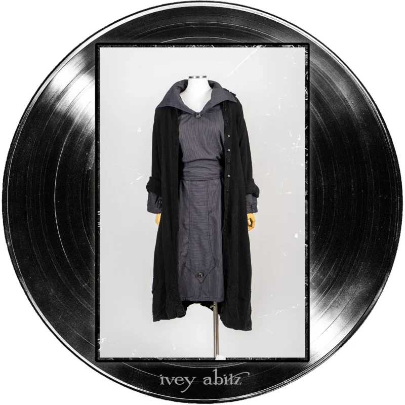 Nan Duster Coat in Quarter Note Washed Check Weave; Baedeker Dress in Microphone Raised Stripe Weave.