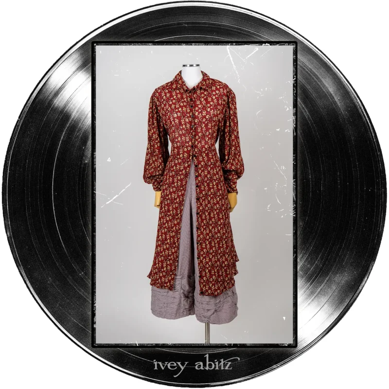 Coulson Coat Dress in Center Label Floral Silk Chiffon; Fitzgerald Trousers in Center Label and Quarter Note Raised Stripe Weave.