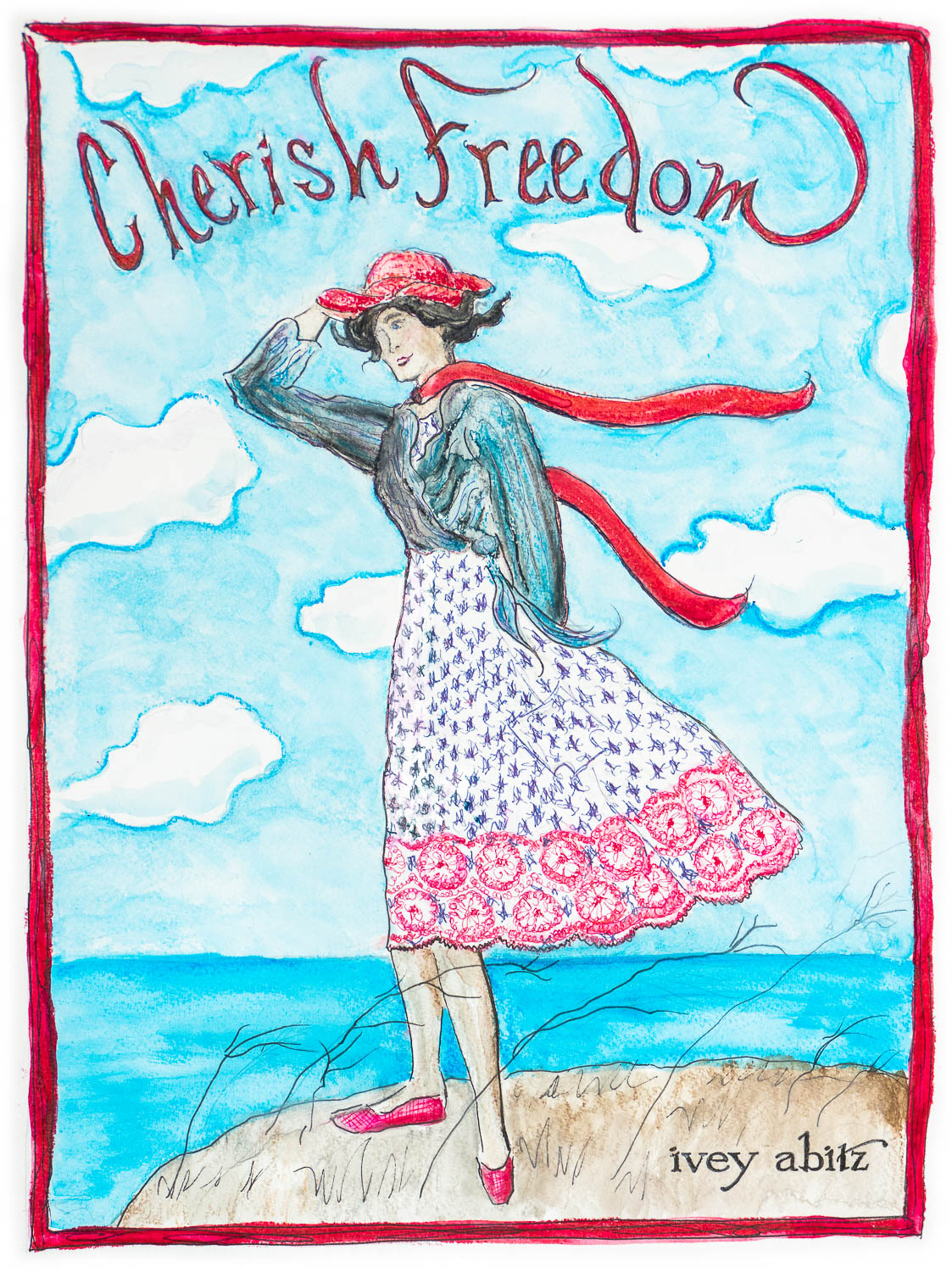 Vallonné Jacket in Bastille Blue Flutter Pleated Knit; Pique-nique Frock in Bastille Blue and Poppy Embroidered Weave; Hapgood Hat in Poppy Washed Linen. Bespoke clothing by Ivey Abitz.