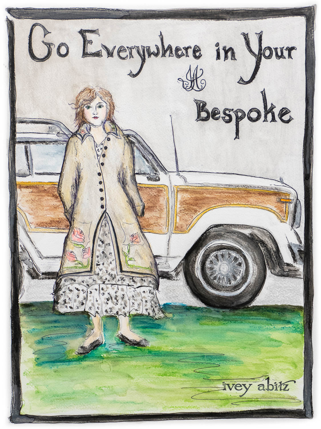 Chaumont Duster Coat in Signature Sand Washed Crinkled Weave; Liberté Frock in Grey Gardens Fleur Voile. Ivey Abitz bespoke clothing.