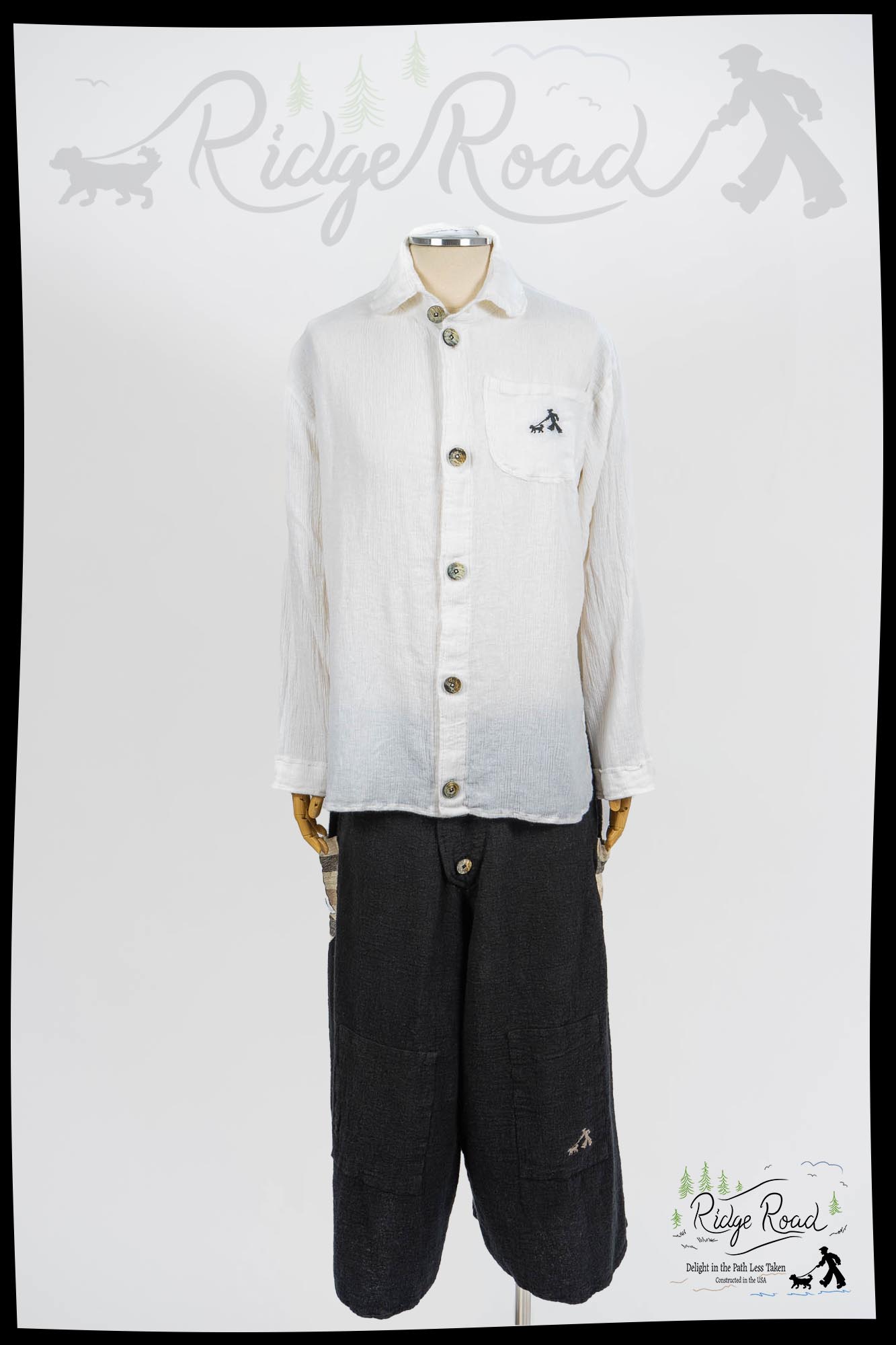 Path Shirt; Path Pants. Ridge Road clothing by Ivey Abitz.