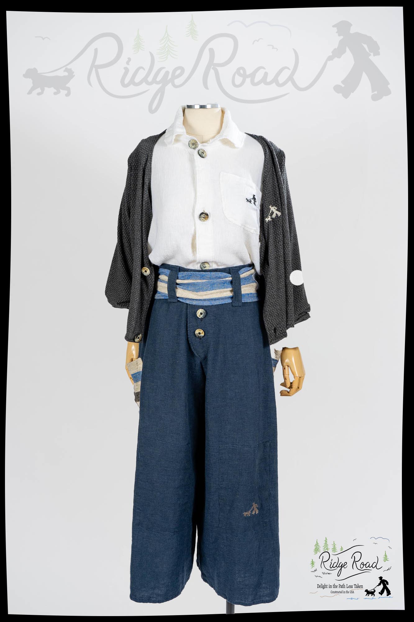 Walkabout Cardigan; Path Shirt; Lakeside Sash; Lakeside Pants. Ridge Road clothing by Ivey Abitz.