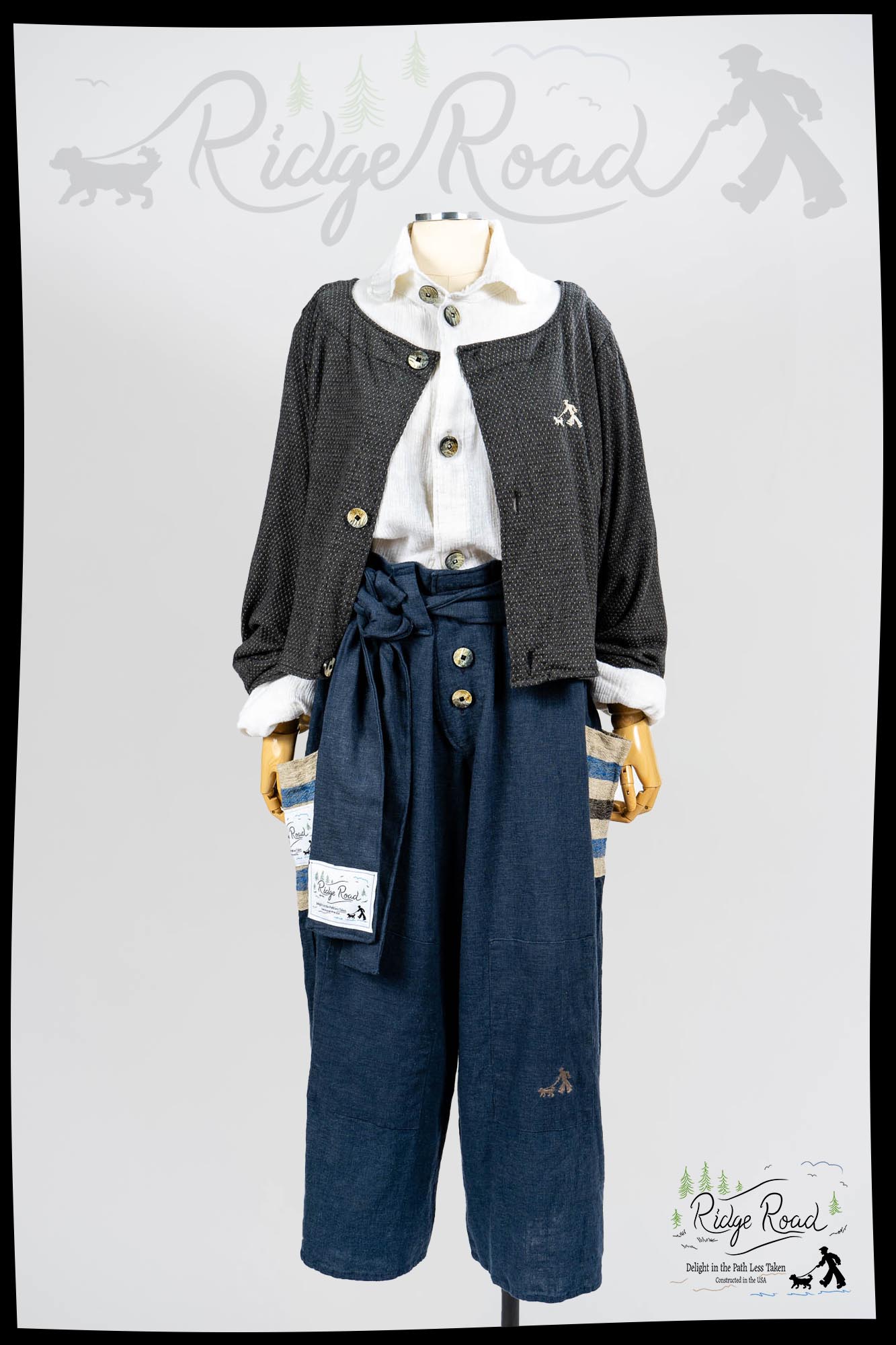 Walkabout Cardigan; Path Shirt; Seaside Sash; Lakeside Pants. Ridge Road clothing by Ivey Abitz.