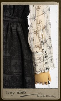 Chomley Frock in Black Embroidered Voile; Truitt Shirt in Black on White Floral Silk Chiffon; Fairholme Frock in Black and White Washed Silk in High Water Length. By Ivey Abitz.