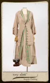 Harrison Shirt Jacket in Picture Book Washed Crinkled Linen; Harrison Frock in Pitcure Book Puckered Stripe Cotton; Blanchefleur Sash in New Day Floral Cotton Voile. By Ivey Abitz.