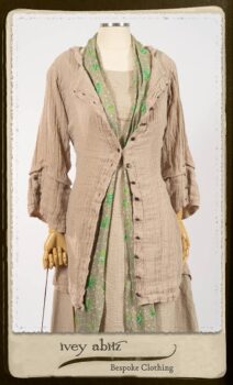 Harrison Shirt Jacket in Picture Book Washed Crinkled Linen; Harrison Frock in Pitcure Book Puckered Stripe Cotton; Blanchefleur Sash in New Day Floral Cotton Voile. By Ivey Abitz.