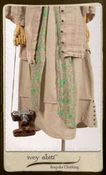 Harrison Shirt Jacket in Picture Book Washed Crinkled Linen; Harrison Frock in Pitcure Book Puckered Stripe Cotton; Blanchefleur Sash in New Day Floral Cotton Voile. By Ivey Abitz.