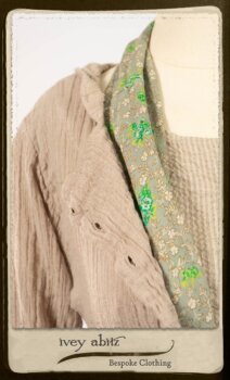 Harrison Shirt Jacket in Picture Book Washed Crinkled Linen; Harrison Frock in Pitcure Book Puckered Stripe Cotton; Blanchefleur Sash in New Day Floral Cotton Voile. By Ivey Abitz.