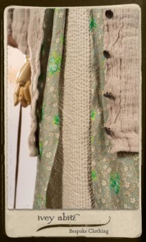 Harrison Shirt Jacket in Picture Book Washed Crinkled Linen; Harrison Frock in Pitcure Book Puckered Stripe Cotton; Blanchefleur Sash in New Day Floral Cotton Voile. By Ivey Abitz.