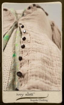 Harrison Shirt Jacket in Picture Book Washed Crinkled Linen; Harrison Frock in Pitcure Book Puckered Stripe Cotton; Blanchefleur Sash in New Day Floral Cotton Voile. By Ivey Abitz.