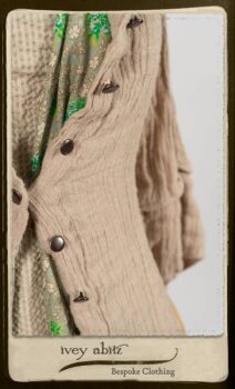 Harrison Shirt Jacket in Picture Book Washed Crinkled Linen; Harrison Frock in Pitcure Book Puckered Stripe Cotton; Blanchefleur Sash in New Day Floral Cotton Voile. By Ivey Abitz.