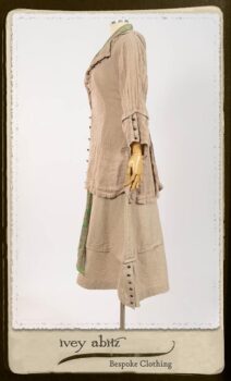 Harrison Shirt Jacket in Picture Book Washed Crinkled Linen; Harrison Frock in Pitcure Book Puckered Stripe Cotton; Blanchefleur Sash in New Day Floral Cotton Voile. By Ivey Abitz.