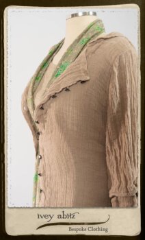 Harrison Shirt Jacket in Picture Book Washed Crinkled Linen; Harrison Frock in Pitcure Book Puckered Stripe Cotton; Blanchefleur Sash in New Day Floral Cotton Voile. By Ivey Abitz.