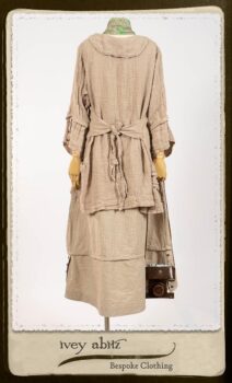 Harrison Shirt Jacket in Picture Book Washed Crinkled Linen; Harrison Frock in Pitcure Book Puckered Stripe Cotton; Blanchefleur Sash in New Day Floral Cotton Voile. By Ivey Abitz.