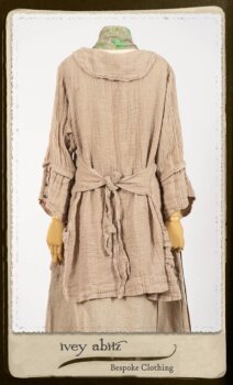 Harrison Shirt Jacket in Picture Book Washed Crinkled Linen; Harrison Frock in Pitcure Book Puckered Stripe Cotton; Blanchefleur Sash in New Day Floral Cotton Voile. By Ivey Abitz.