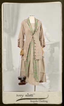 Harrison Shirt Jacket in Picture Book Washed Crinkled Linen; Harrison Frock in Pitcure Book Puckered Stripe Cotton; Blanchefleur Sash in New Day Floral Cotton Voile. By Ivey Abitz.