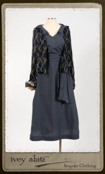 Chevallier Cardigan in Fresh Water Rustic Argyle Knit; Vanetten Frock in Fresh Water Petite Fleur Cotton; Vanetten Sash in Fresh Water Petite Fleur Cotton. By Ivey Abitz.