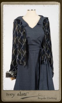 Chevallier Cardigan in Fresh Water Rustic Argyle Knit; Vanetten Frock in Fresh Water Petite Fleur Cotton; Vanetten Sash in Fresh Water Petite Fleur Cotton. By Ivey Abitz.