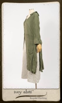 Campanella Duster Coat in New Day Washed Crinkled Linen; Campanella Frock in New Day Washed Stripe Linen. By Ivey Abitz.