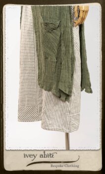 Campanella Duster Coat in New Day Washed Crinkled Linen; Campanella Frock in New Day Washed Stripe Linen. By Ivey Abitz.