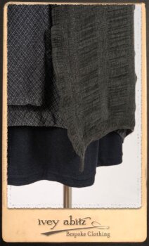 Highlands Duster Coat in Tintype Puckered Stripe Weave; Highlands Shirt in Fresh Water Puckered Stripe Cotton; Clotaire Sash in Fresh Water Argyle Netting; Highlands Skirt in Fresh Water Argyle Netting; Elliot Dress in Fresh Water Melange Knit. By Ivey Abitz.