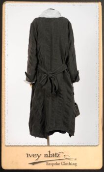 Highlands Duster Coat in Tintype Puckered Stripe Weave; Highlands Shirt in Fresh Water Puckered Stripe Cotton; Clotaire Sash in Fresh Water Argyle Netting; Highlands Skirt in Fresh Water Argyle Netting; Elliot Dress in Fresh Water Melange Knit. By Ivey Abitz.