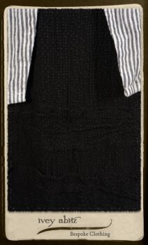 Campanella Shirt Jacket in Black and White Petite Stripe Linen; Bertie Frock in Black Puckered Check Weave; Cilla Slip Frock in Signature Black Lightweight Linen Knit; Floravinea Brooch in Rosy Washed Crinkled Linen. By Ivey Abitz.