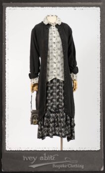 Truitt Shirt Jacket in Black Puckered Check Weave; Truitt Shirt in Black on White Floral Silk Chiffon; Fairholme Frock in Black and White Washed Silk in High Water Length. By Ivey Abitz.