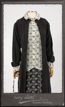 Truitt Shirt Jacket in Black Puckered Check Weave; Truitt Shirt in Black on White Floral Silk Chiffon; Fairholme Frock in Black and White Washed Silk in High Water Length. By Ivey Abitz.