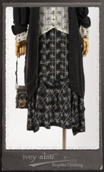 Truitt Shirt Jacket in Black Puckered Check Weave; Truitt Shirt in Black on White Floral Silk Chiffon; Fairholme Frock in Black and White Washed Silk in High Water Length. By Ivey Abitz.