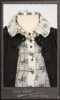 Truitt Shirt Jacket in Black Puckered Check Weave; Truitt Shirt in Black on White Floral Silk Chiffon; Fairholme Frock in Black and White Washed Silk in High Water Length. By Ivey Abitz.