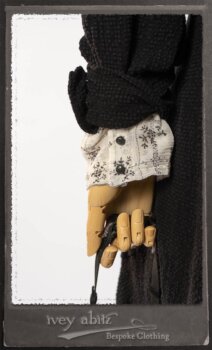 Truitt Shirt Jacket in Black Puckered Check Weave; Truitt Shirt in Black on White Floral Silk Chiffon; Fairholme Frock in Black and White Washed Silk in High Water Length. By Ivey Abitz.