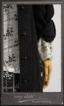 Truitt Shirt Jacket in Black Puckered Check Weave; Truitt Shirt in Black on White Floral Silk Chiffon; Fairholme Frock in Black and White Washed Silk in High Water Length. By Ivey Abitz.