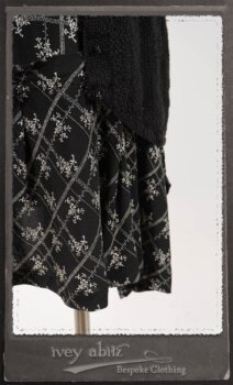 Truitt Shirt Jacket in Black Puckered Check Weave; Truitt Shirt in Black on White Floral Silk Chiffon; Fairholme Frock in Black and White Washed Silk in High Water Length. By Ivey Abitz.