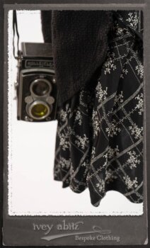 Truitt Shirt Jacket in Black Puckered Check Weave; Truitt Shirt in Black on White Floral Silk Chiffon; Fairholme Frock in Black and White Washed Silk in High Water Length. By Ivey Abitz.