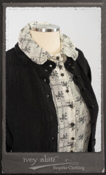 Truitt Shirt Jacket in Black Puckered Check Weave; Truitt Shirt in Black on White Floral Silk Chiffon; Fairholme Frock in Black and White Washed Silk in High Water Length. By Ivey Abitz.