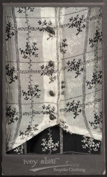 Truitt Shirt Jacket in Black Puckered Check Weave; Truitt Shirt in Black on White Floral Silk Chiffon; Fairholme Frock in Black and White Washed Silk in High Water Length. By Ivey Abitz.